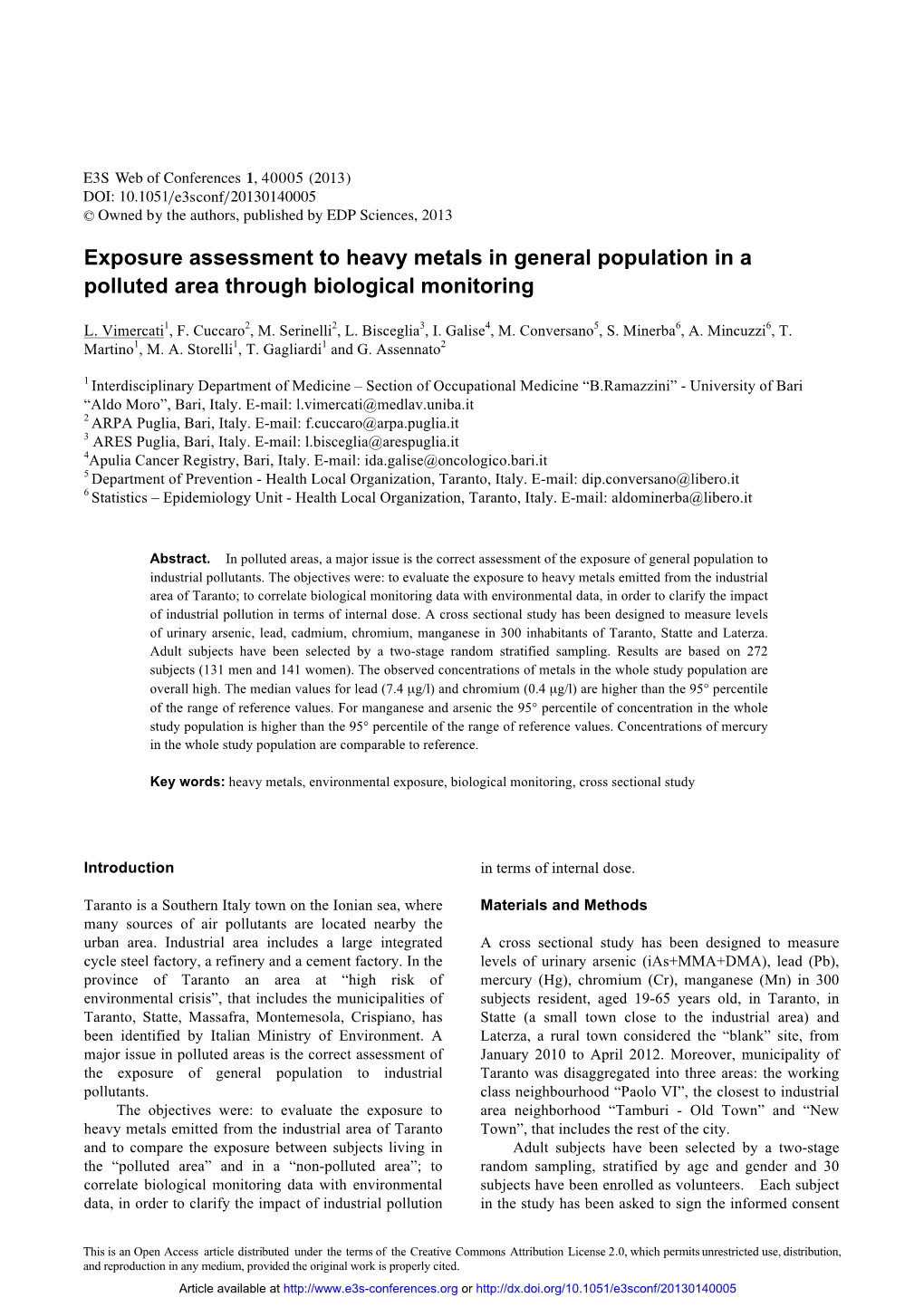 Exposure Assessment to Heavy Metals in General Population in a Polluted Area Through Biological Monitoring