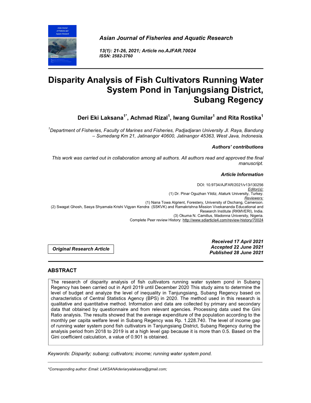 Disparity Analysis of Fish Cultivators Running Water System Pond in Tanjungsiang District, Subang Regency