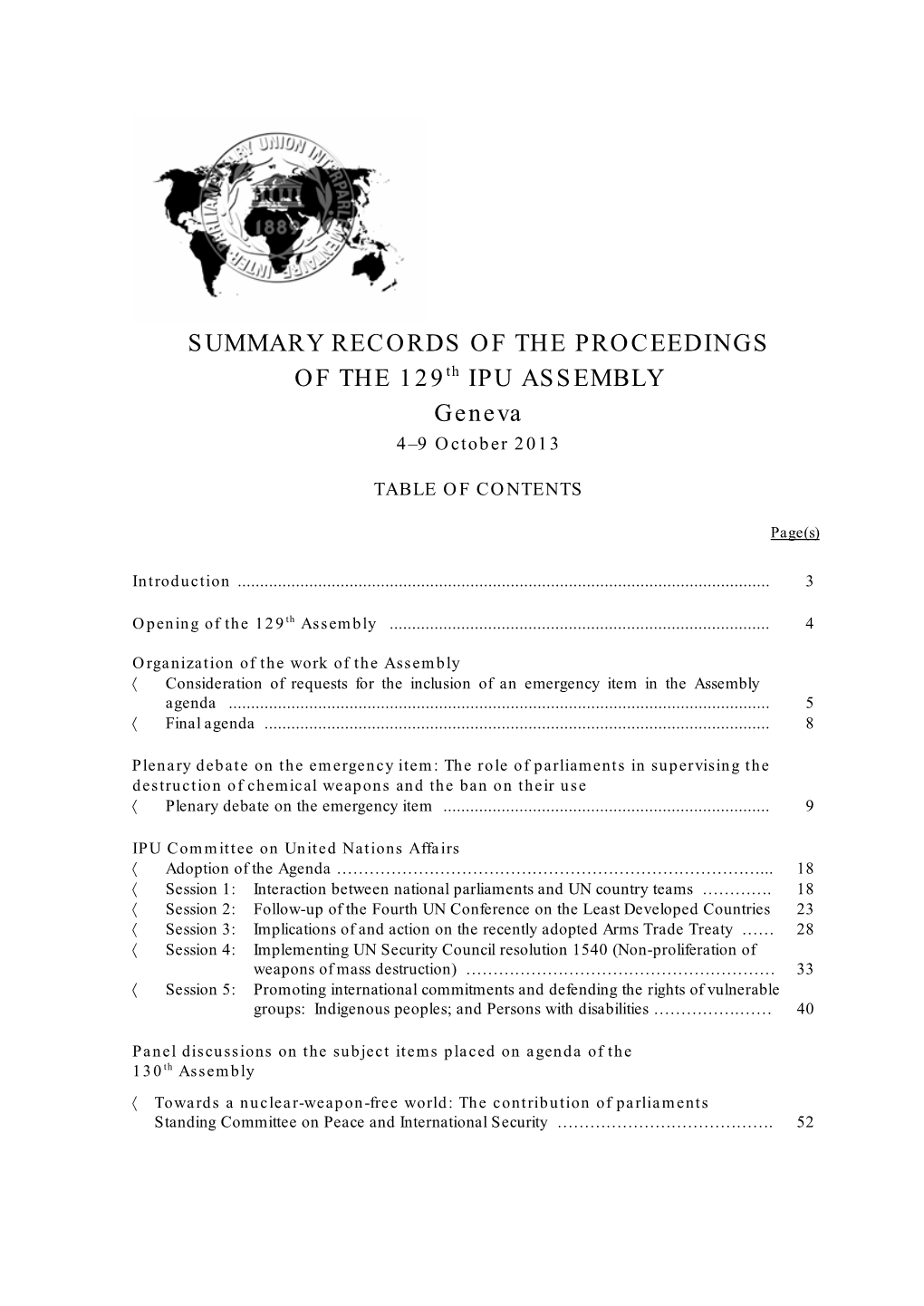 SUMMARY RECORDS of the PROCEEDINGS of the 129Th IPU ASSEMBLY Geneva 4–9 October 2013