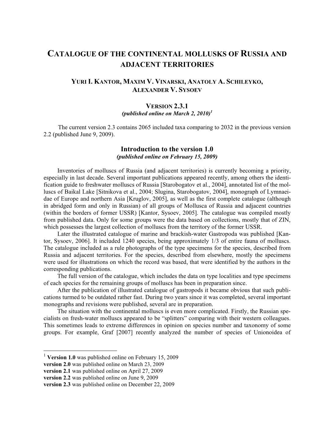 Catalogue of the Continental Mollusks of Russia and Adjacent Territories