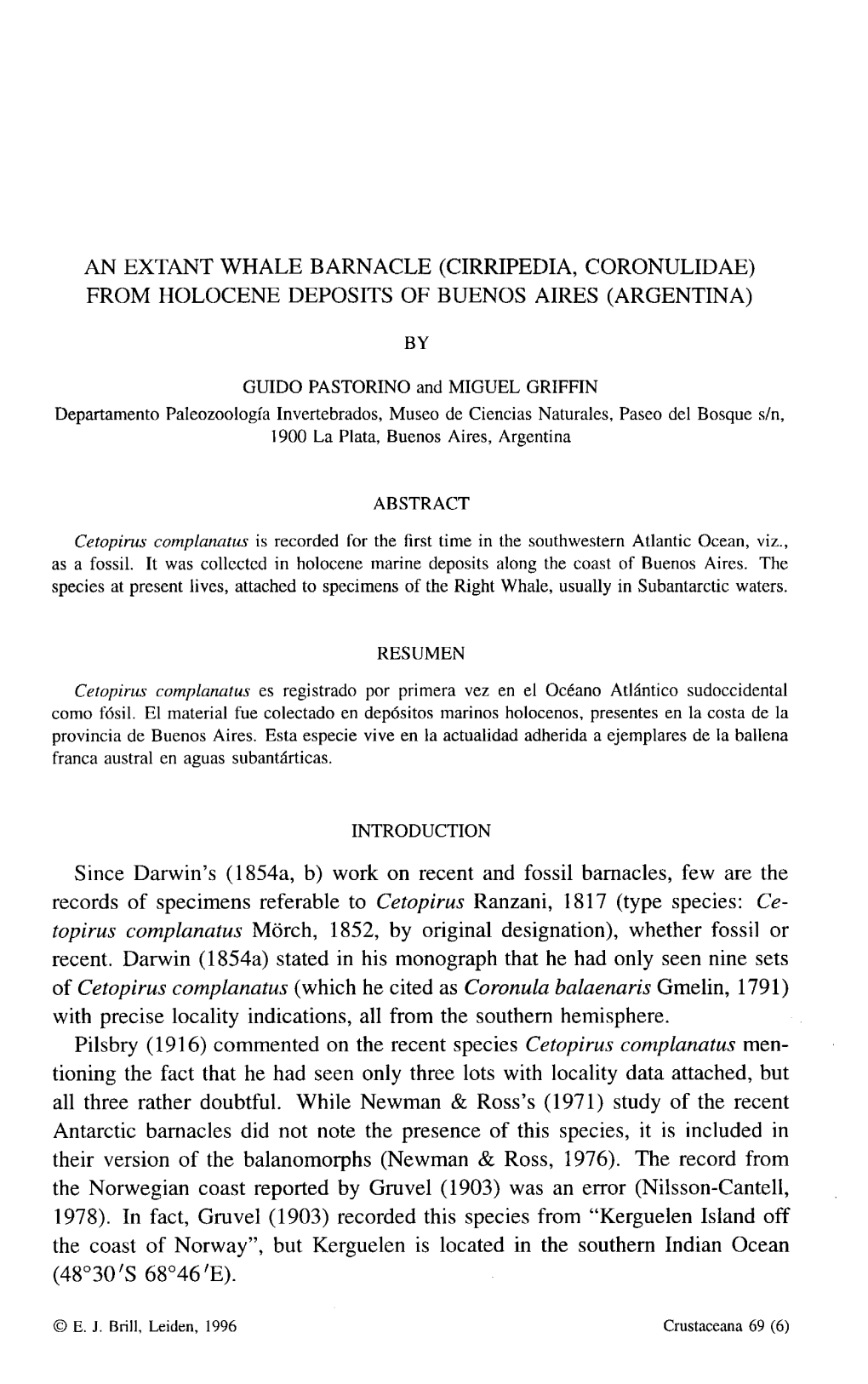 An Extant Whale Barnacle (Cirripedia, Coronulidae) from Holocene Deposits of Buenos Aires (Argentina)