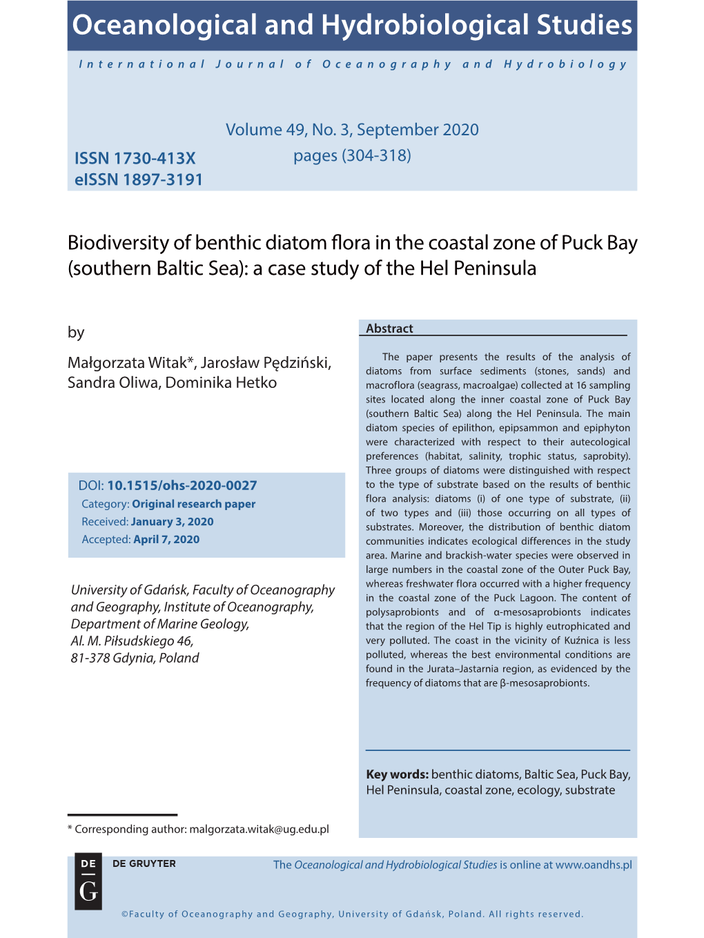 Biodiversity of Benthic Diatom Flora in the Coastal Zone of Puck Bay