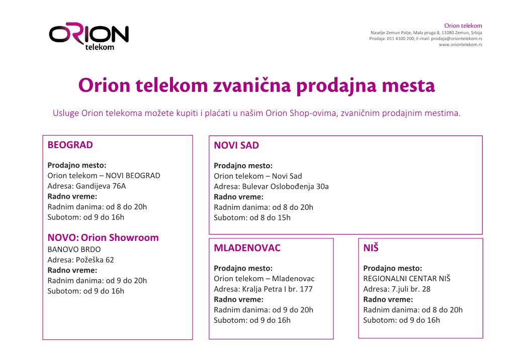 Orion Telekom Zvanična Prodajna Mesta