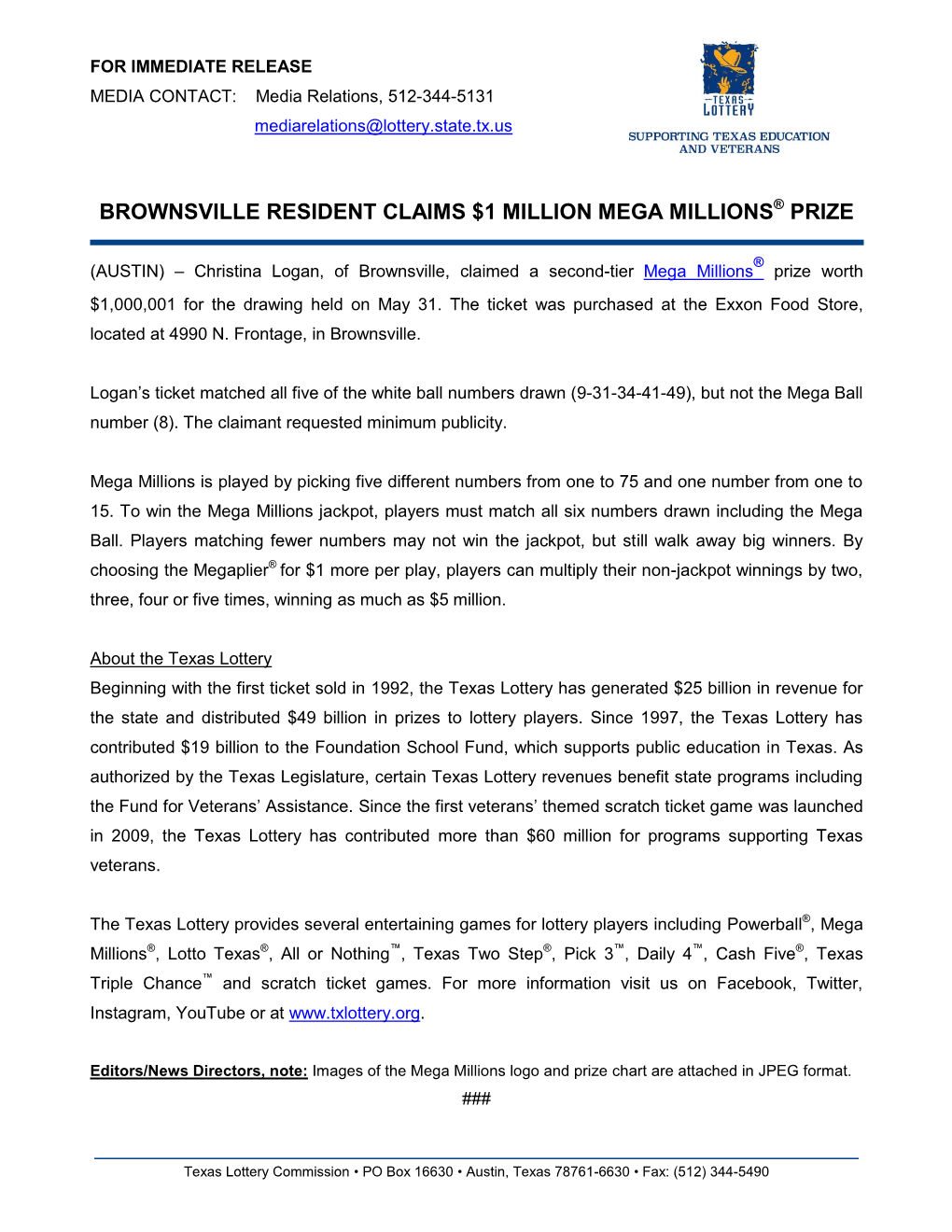 Brownsville Resident Claims $1 Million Mega Millions Prize