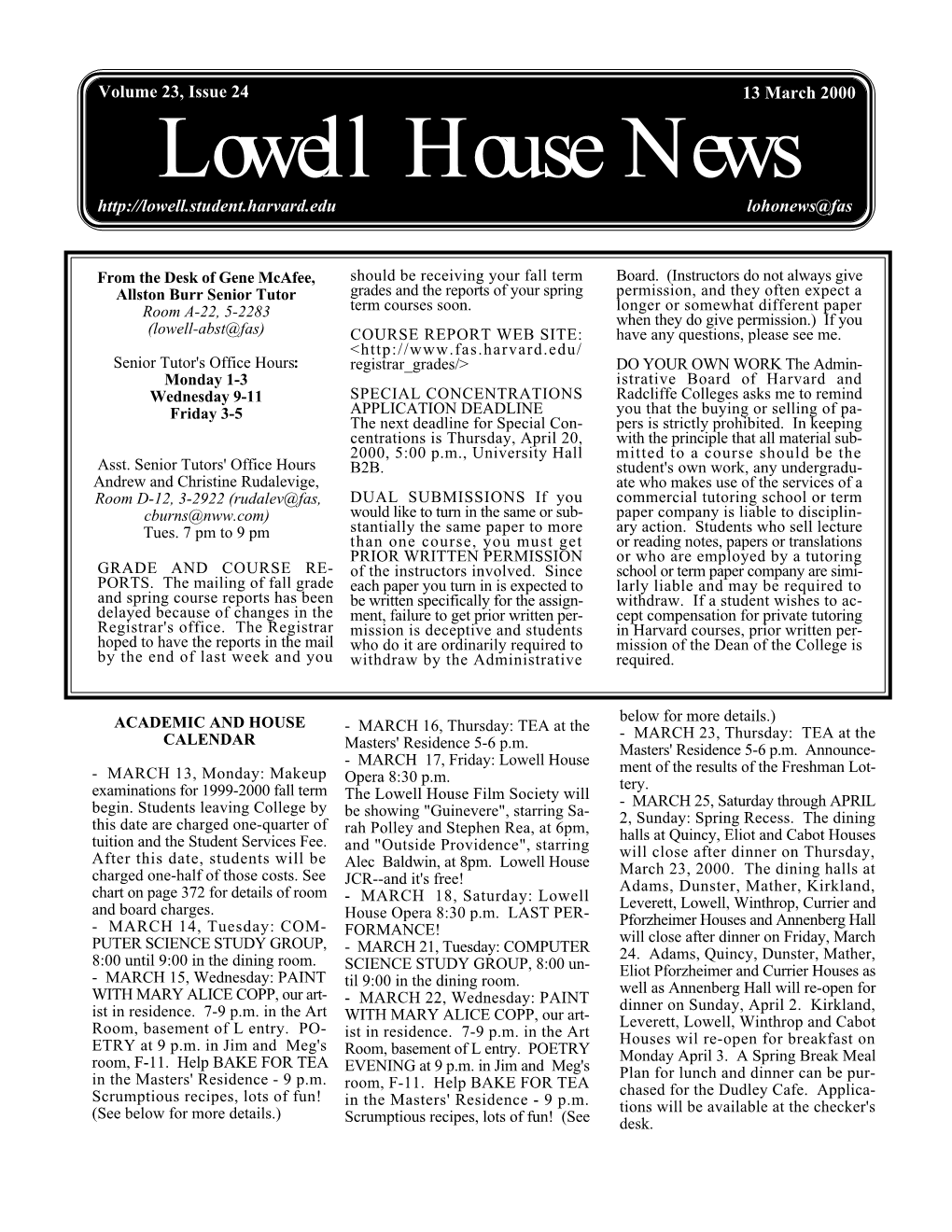 Lowell House News Lohonews@Fas