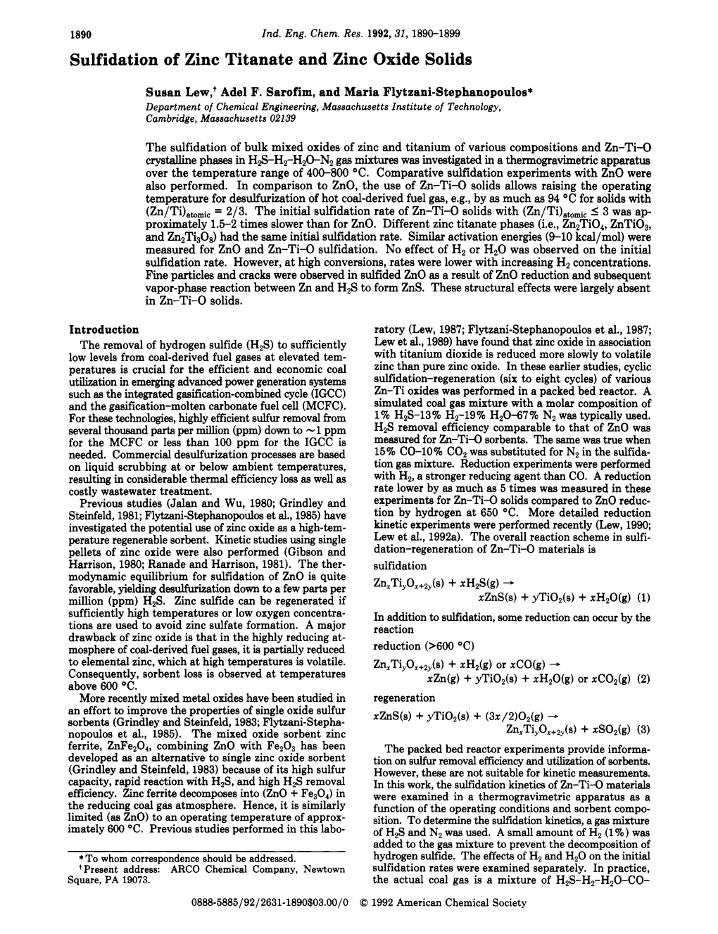 Sulfidation of Zinc Titanate and Zinc Oxide Solids