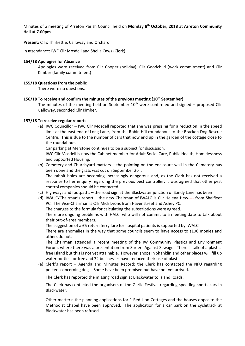 Arreton Parish Council Held on Monday 8Th October, 2018 at Arreton Community Hall at 7.00Pm