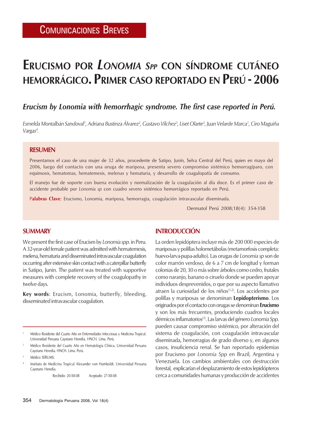 Erucismo Por Lonomia Spp Con Síndrome Cutáneo Hemorrágico