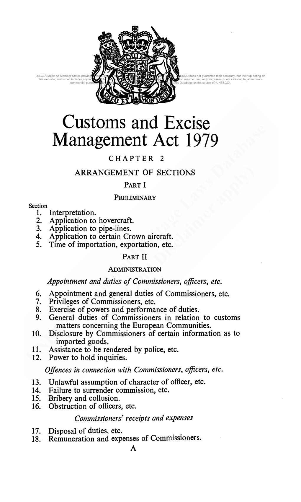 Management Act 1979 CHAPTER 2 ARRANGEMENT of SECTIONS PART I PRELIMINARY Section 1