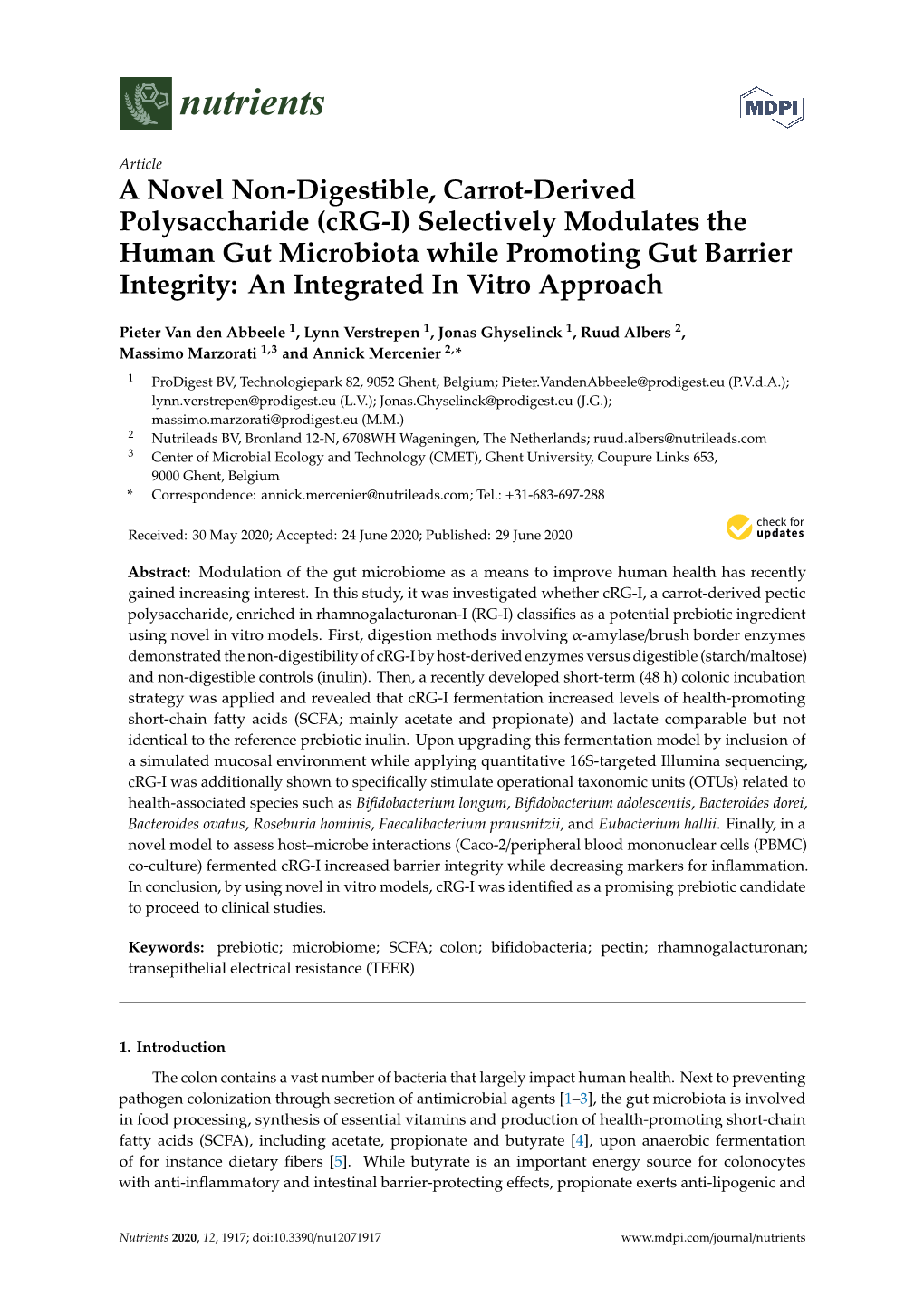 A Novel Non-Digestible, Carrot-Derived Polysaccharide (Crg-I) Selectively Modulates the Human Gut Microbiota While Promoting Gut Barrier Integrity: an Integrated in Vitro Approach