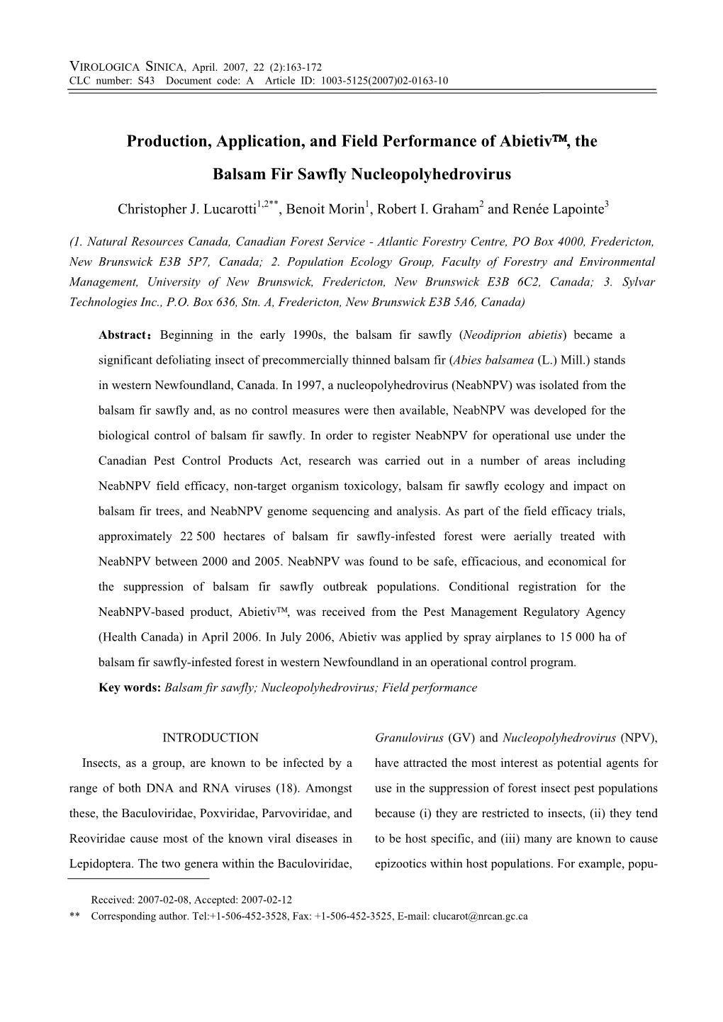 VIROLOGICA SINICA, April. 2007, 22 (2):163-172 CLC Number: S43 Document Code: a Article ID: 1003-5125(2007)02-0163-10