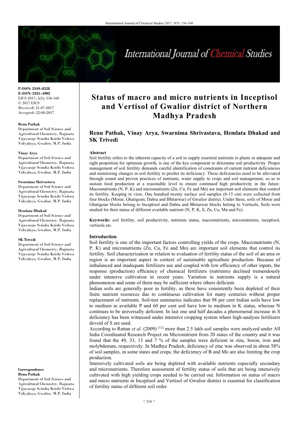 Status of Macro and Micro Nutrients in Inceptisol and Vertisol of Gwalior