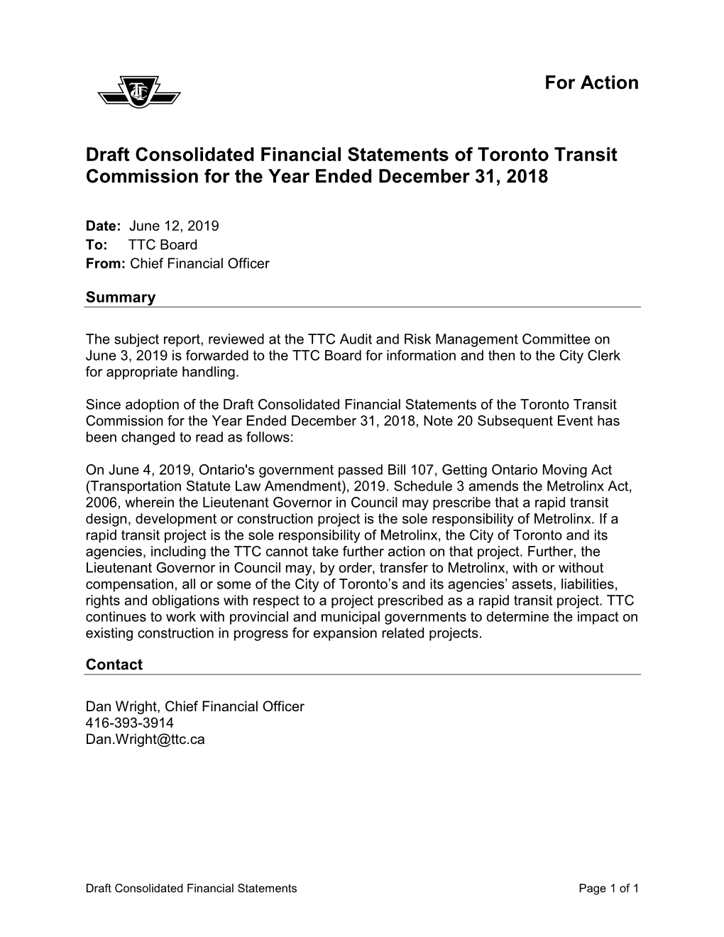 Draft Consolidated Financial Statements of Toronto Transit Commission for the Year Ended December 31, 2018