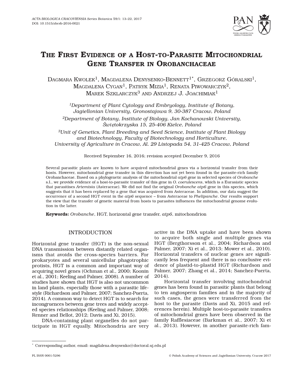 The First Evidence of a Host-To-Parasite Mitochondrial Gene Transfer in Orobanchaceae