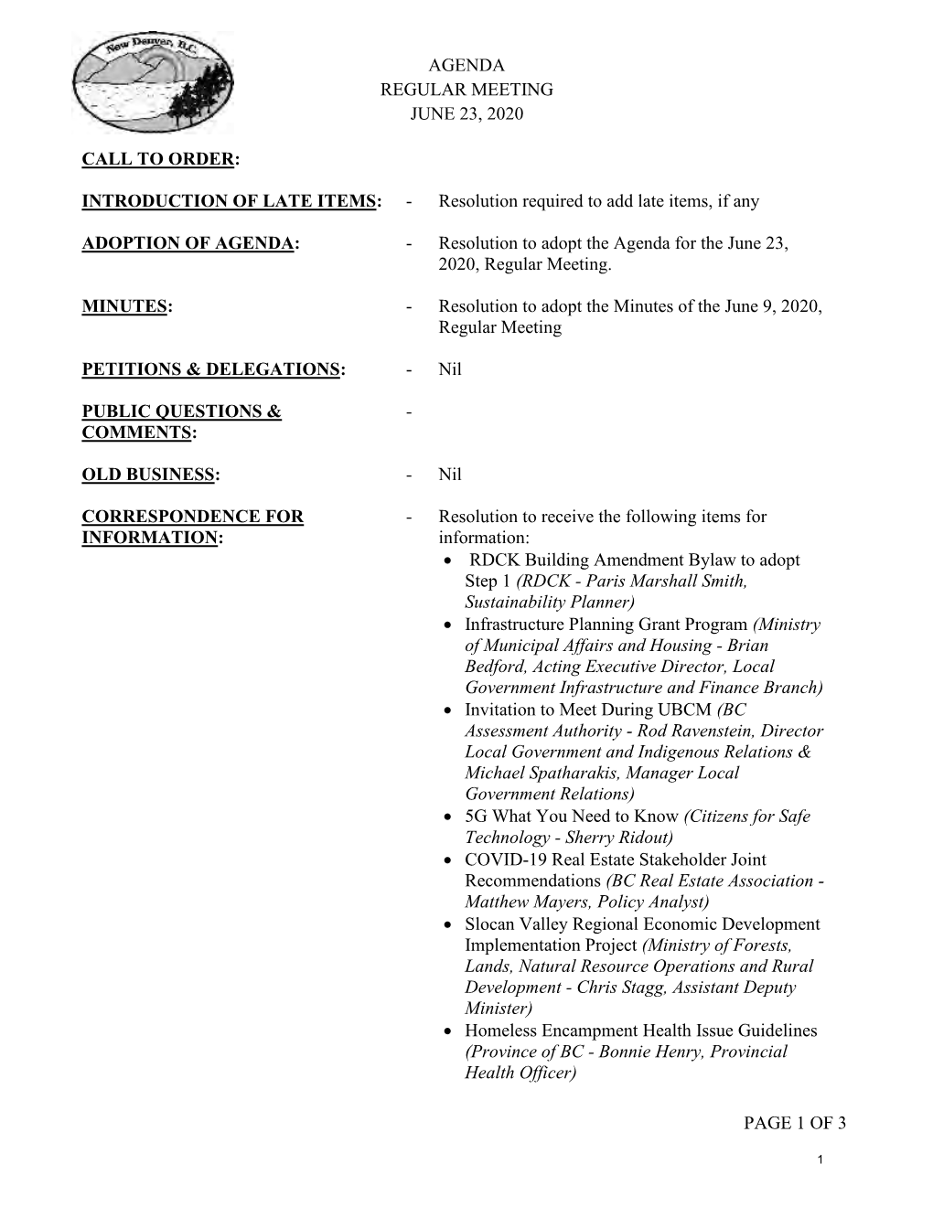 Agenda Regular Meeting June 23, 2020 Page 1 of 3 Call To