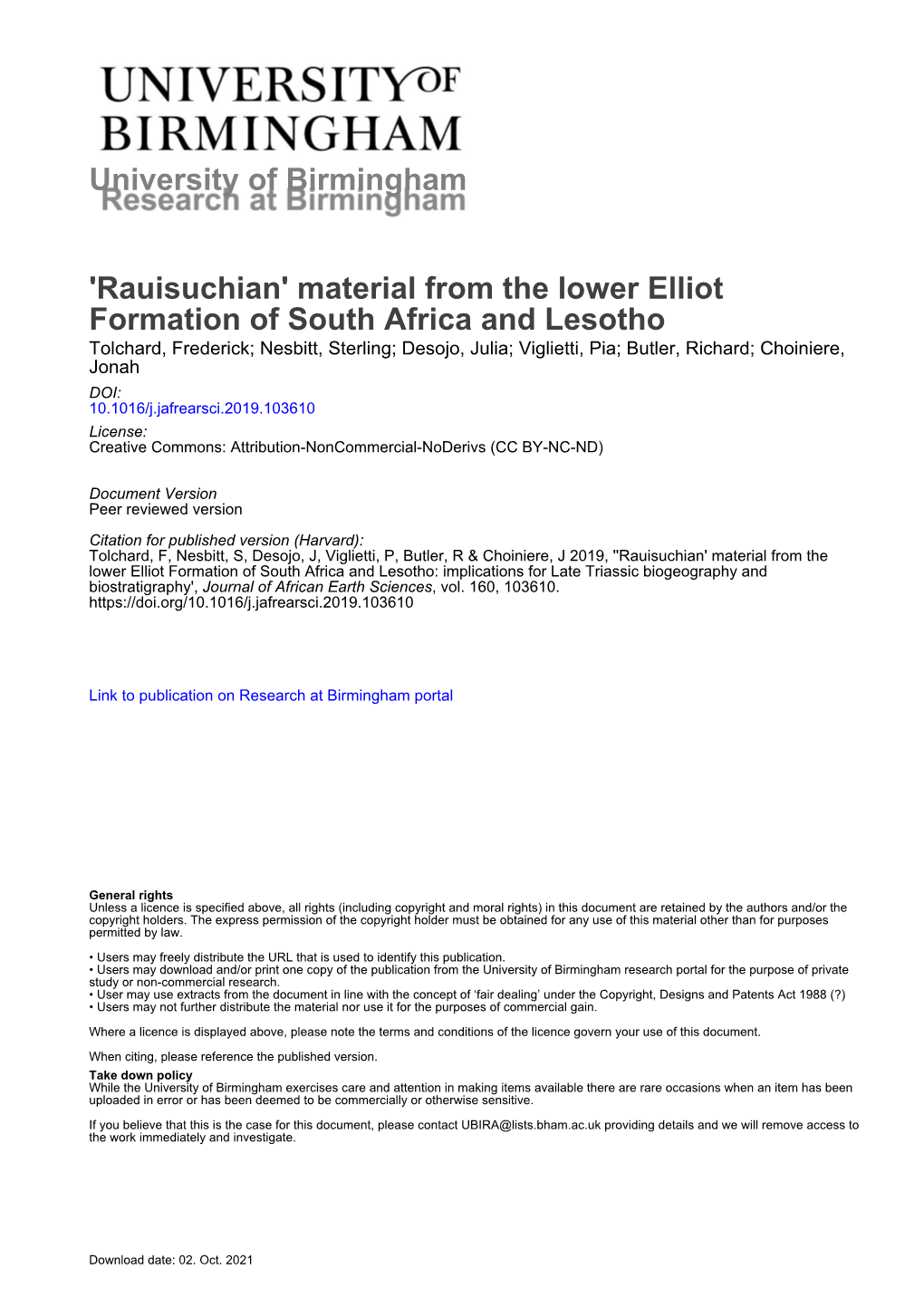 'Rauisuchian' Material from the Lower Elliot Formation of South Africa And