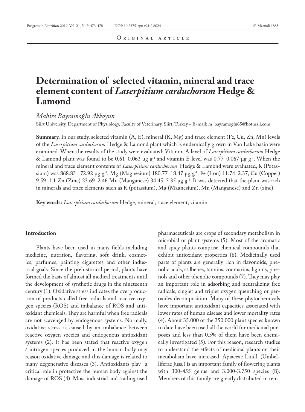 Determination of Selected Vitamin, Mineral and Trace Element Content