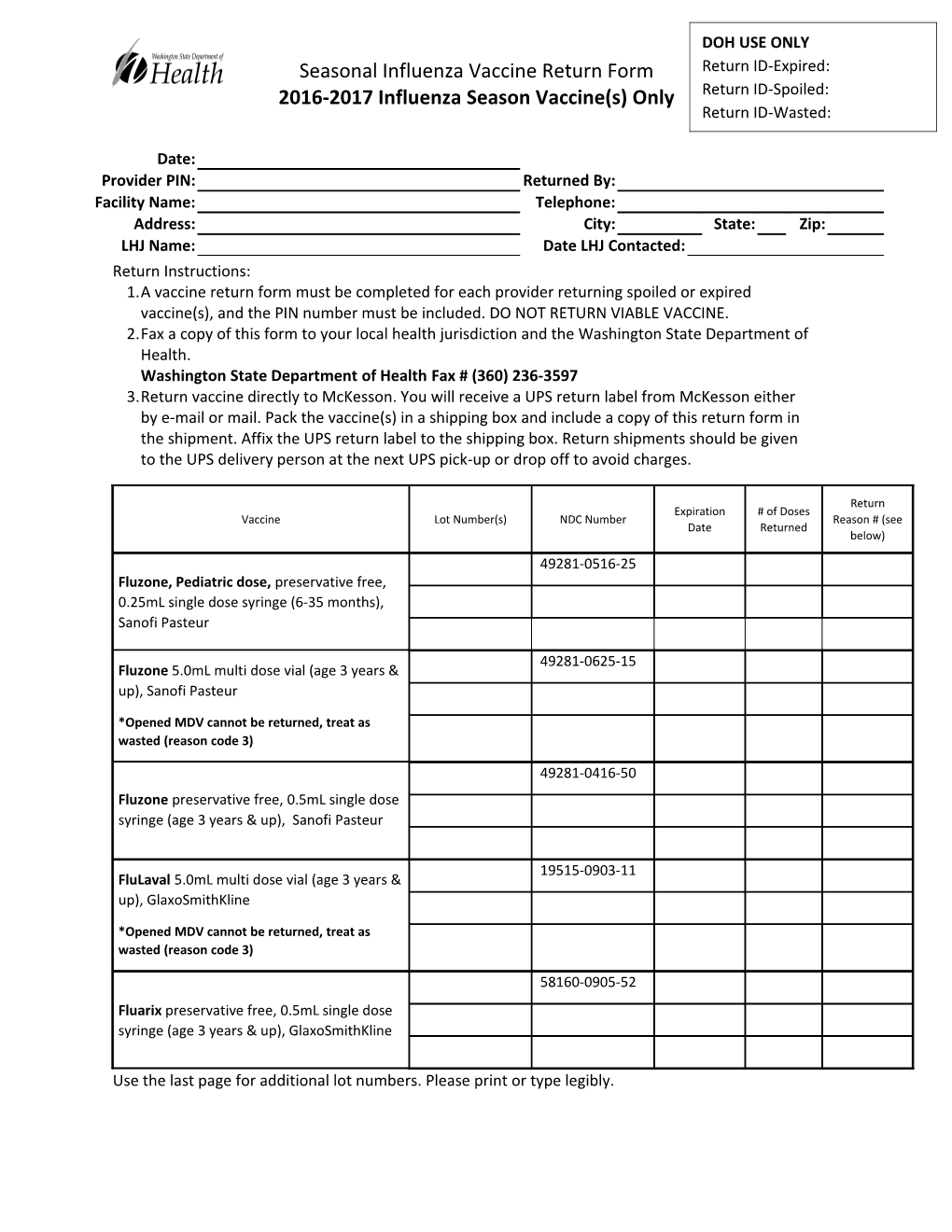 2016-2017 Influenza Season Vaccine(S) Only