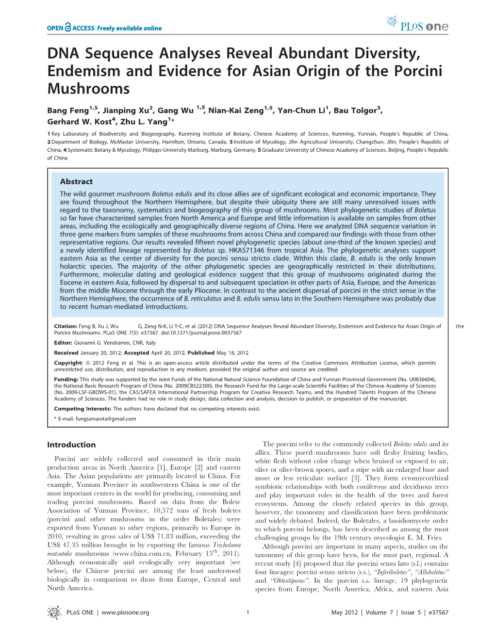 DNA Sequence Analyses Reveal Abundant Diversity, Endemism and Evidence for Asian Origin of the Porcini Mushrooms