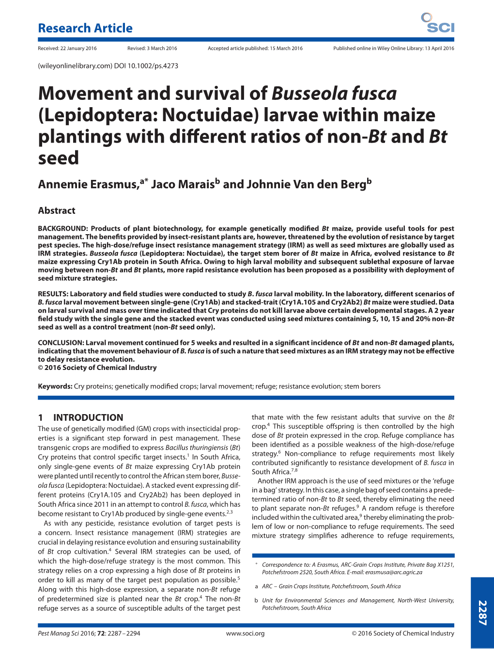 Movement and Survival of Busseola Fusca (Lepidoptera: Noctuidae) Larvae Within Maize Plantings with Different Ratios of Non-Bt A