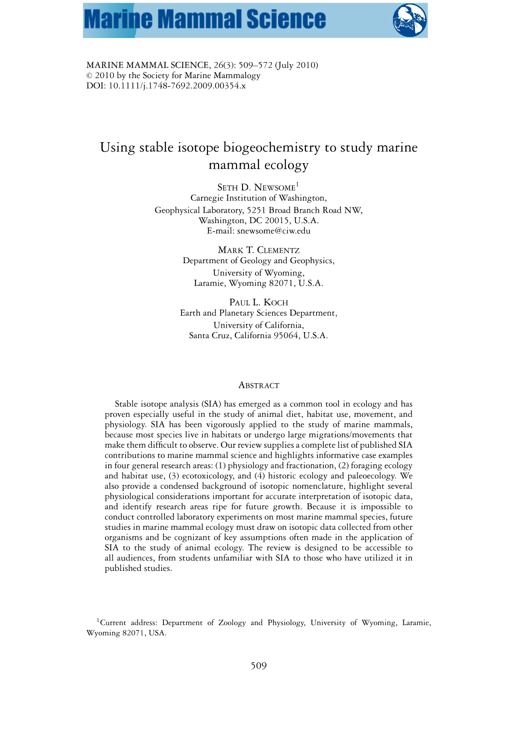 Using Stable Isotope Biogeochemistry to Study Marine Mammal Ecology