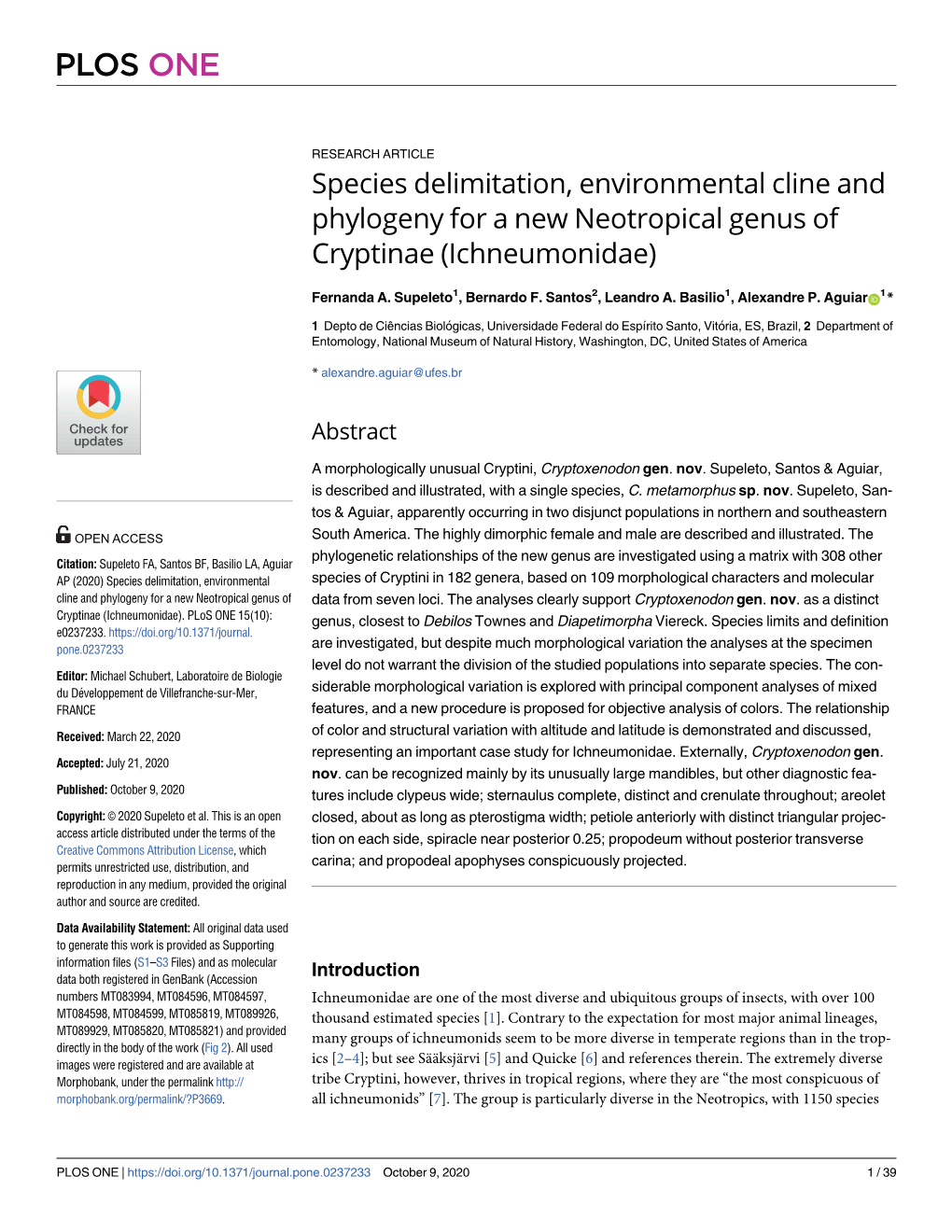 Species Delimitation, Environmental Cline and Phylogeny for a New Neotropical Genus of Cryptinae (Ichneumonidae)