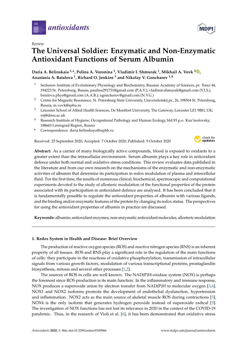 Enzymatic and Non-Enzymatic Antioxidant Functions of Serum Albumin