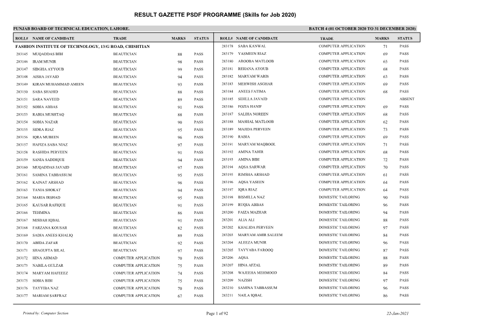 RESULT GAZETTE PSDF PROGRAMME (Skills for Job 2020)