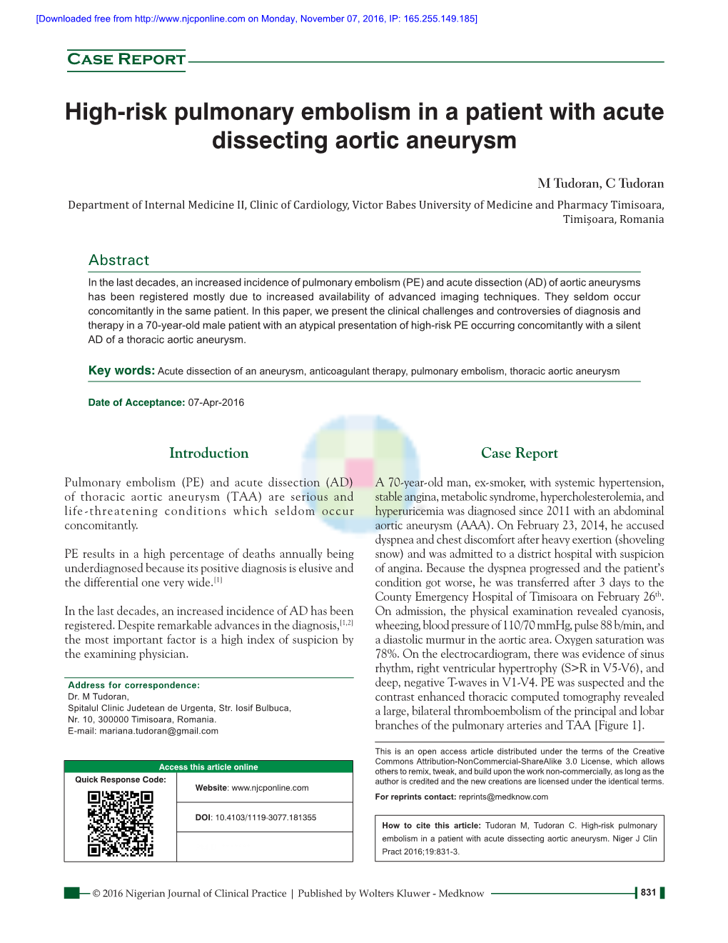 High‑Risk Pulmonary Embolism in a Patient with Acute Dissecting Aortic Aneurysm