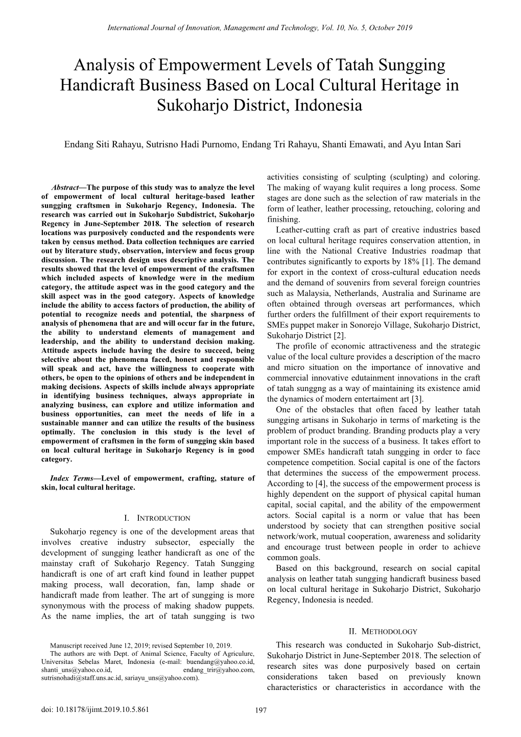 Analysis of Empowerment Levels of Tatah Sungging Handicraft Business Based on Local Cultural Heritage in Sukoharjo District, Indonesia