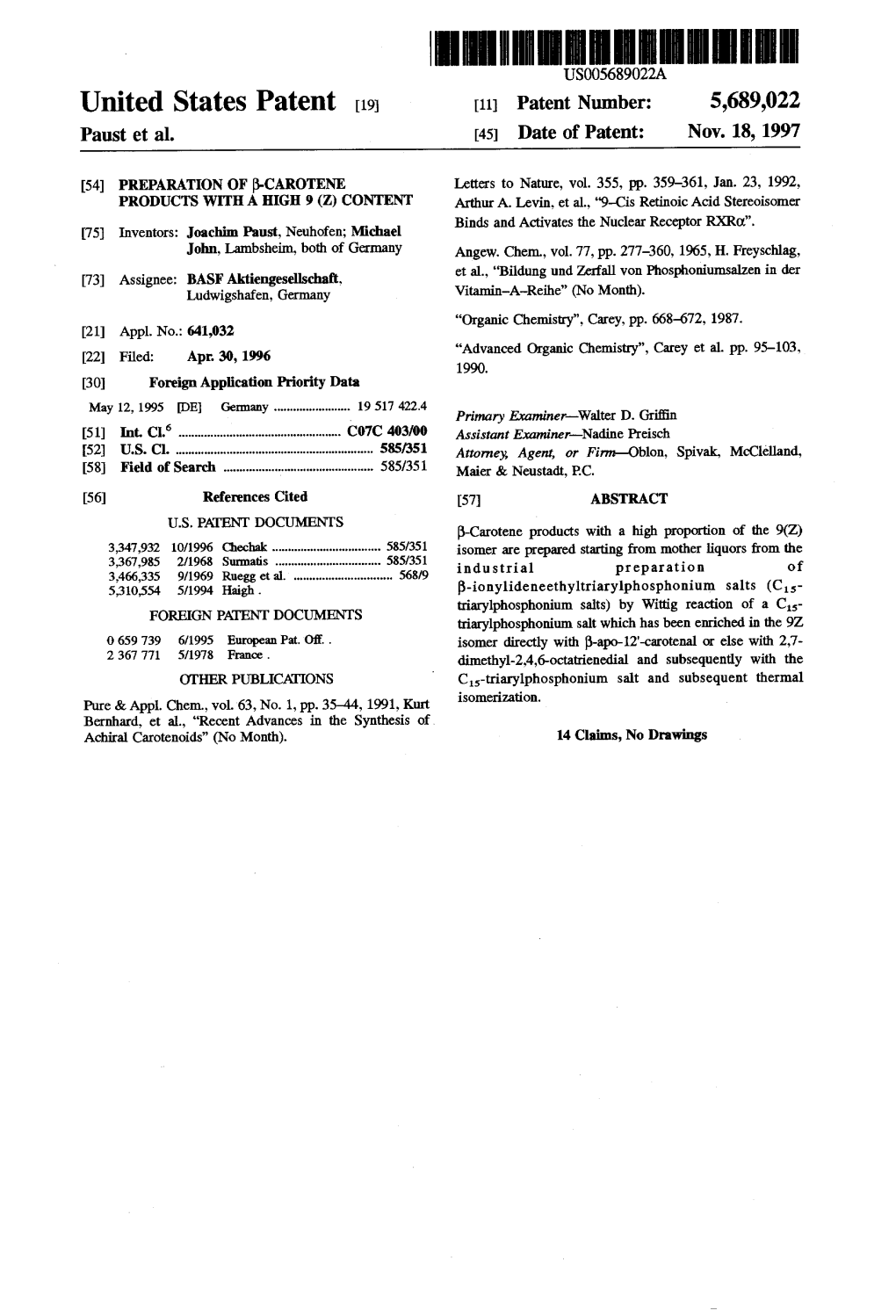 United States Patent 19 11 Patent Number: 5,689,022 Paust Et Al