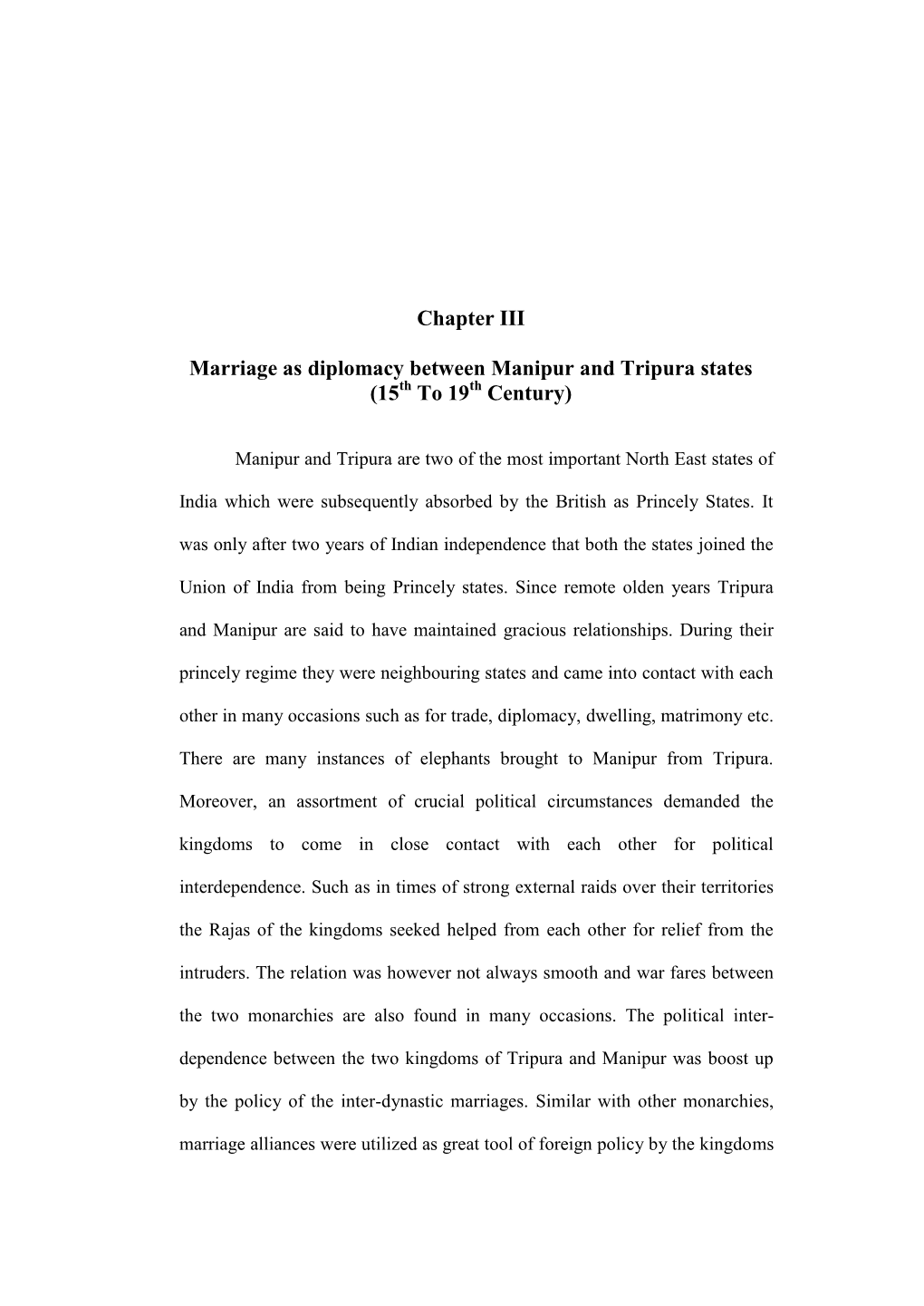Chapter III Marriage As Diplomacy Between Manipur and Tripura States