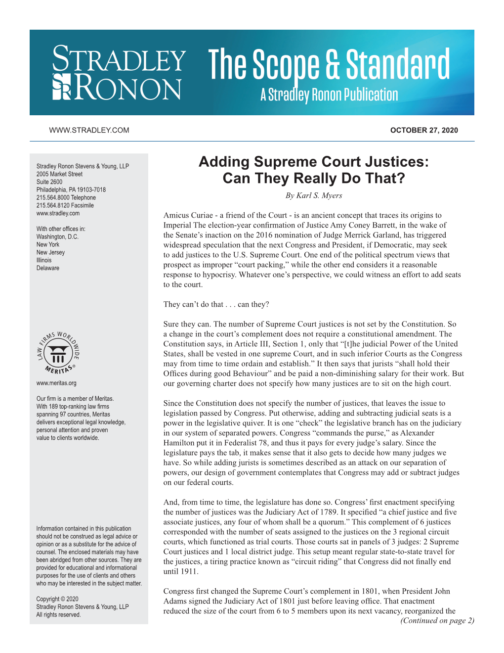 Adding Supreme Court Justices: 2005 Market Street Suite 2600 Can They Really Do That? Philadelphia, PA 19103-7018 215.564.8000 Telephone by Karl S