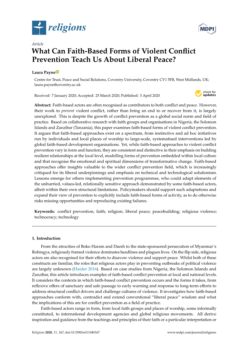 What Can Faith-Based Forms of Violent Conflict Prevention Teach Us About Liberal Peace?