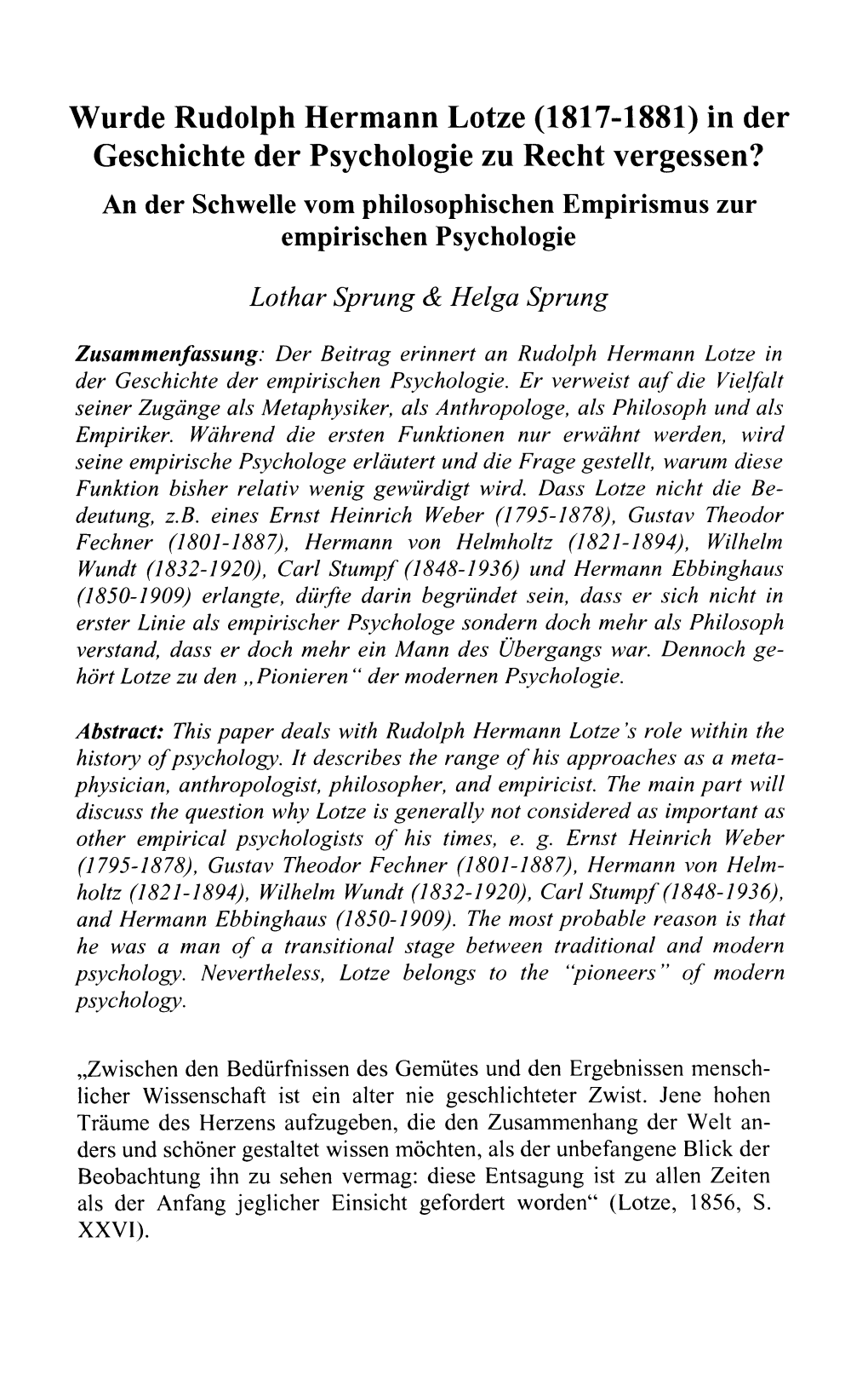 Wurde Rudolph Hermann Lotze (1817-1881) in Der Geschichte Der
