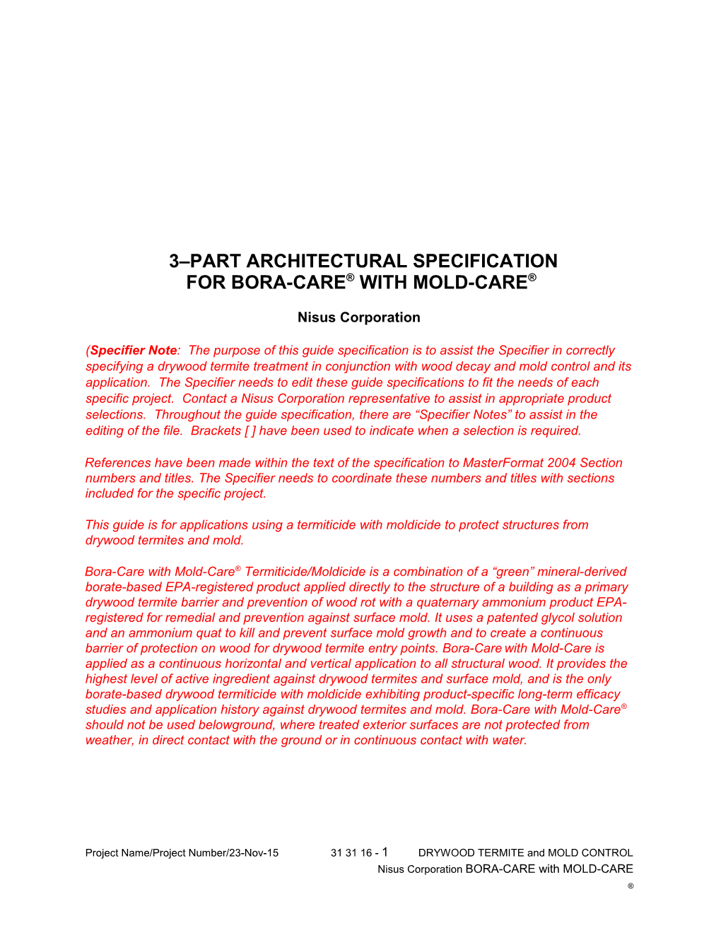 3 Part Architectural Specification for Bora-Care with Mold-Care