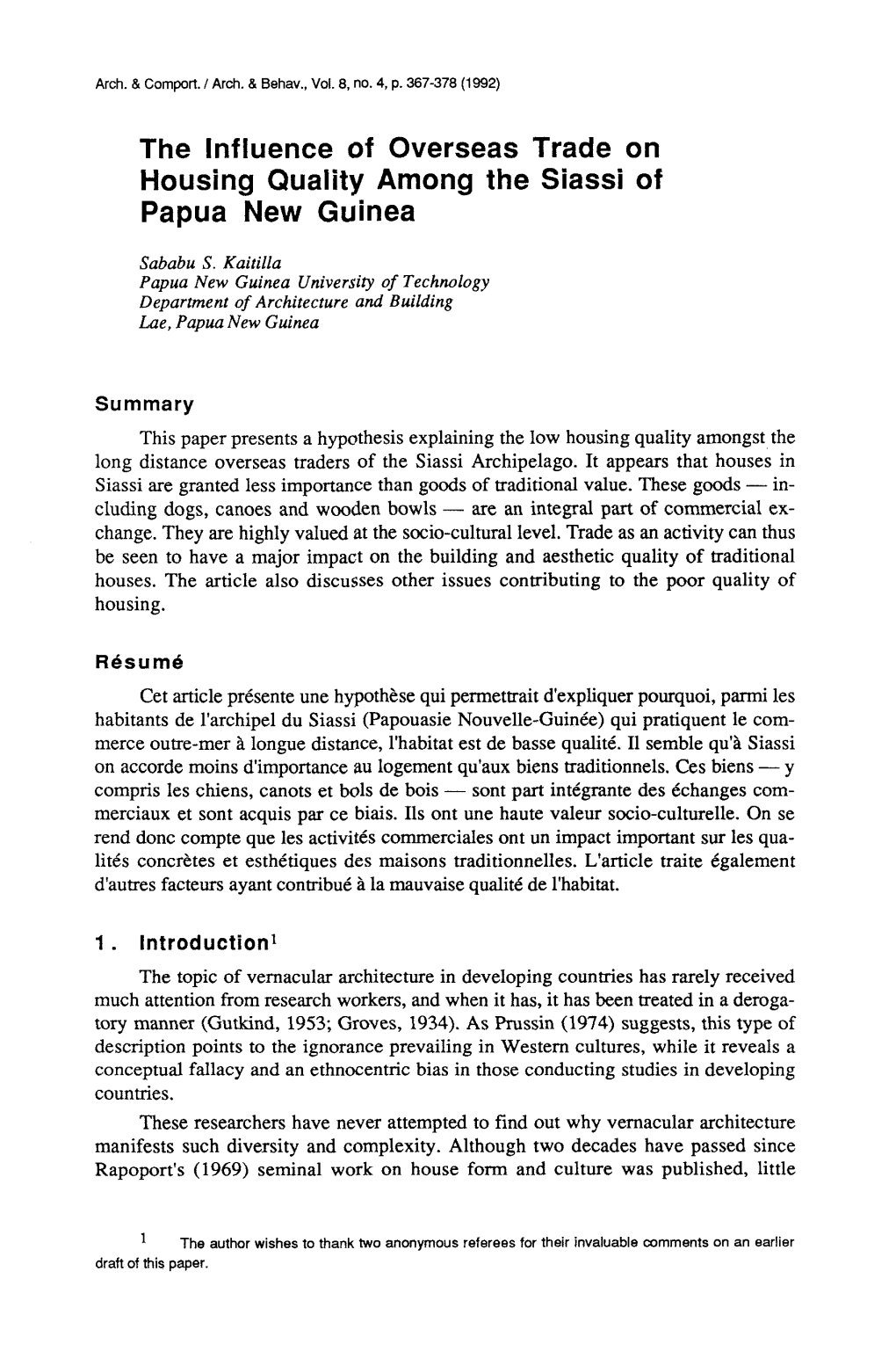 The Influence of Overseas Trade on Housing Quality Among the Siassi of Papua New Guinea