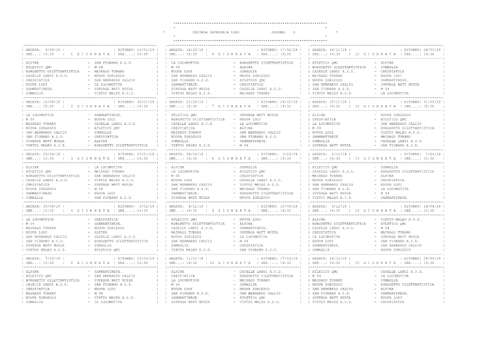 Seconda Categoria Lodi Girone: O * * * ************************************************************************