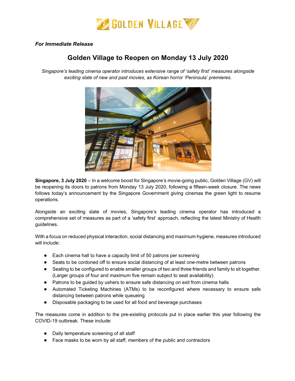 Golden Village to Reopen on Monday 13 July 2020