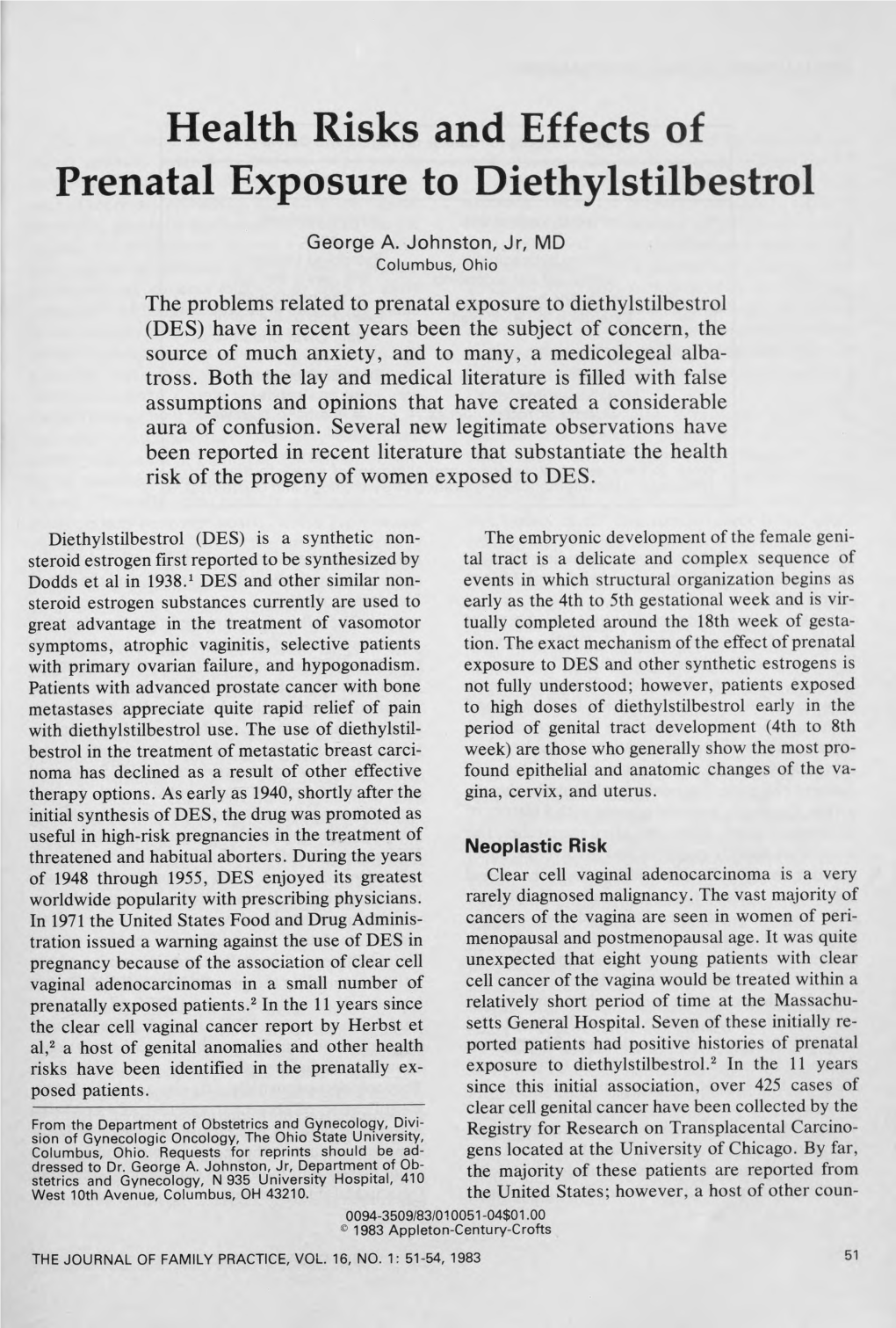 Health Risks and Effects of Prenatal Exposure to Diethylstilbestrol