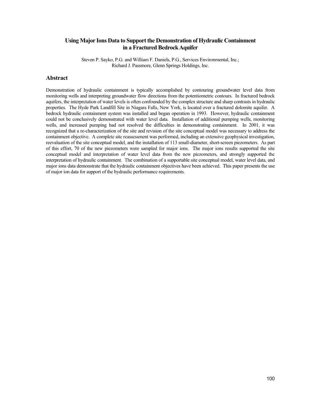 Using Major Ions Data to Support the Demonstration of Hydraulic Containment in a Fractured Bedrock Aquifer