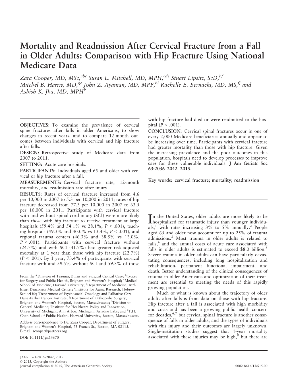 Mortality and Readmission After Cervical Fracture from a Fall In