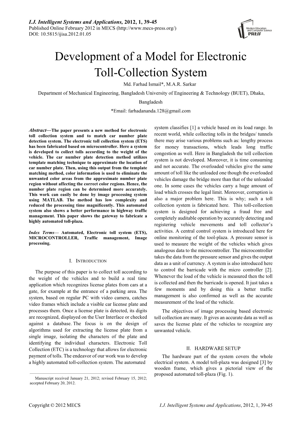 Development of a Model for Electronic Toll-Collection System Md