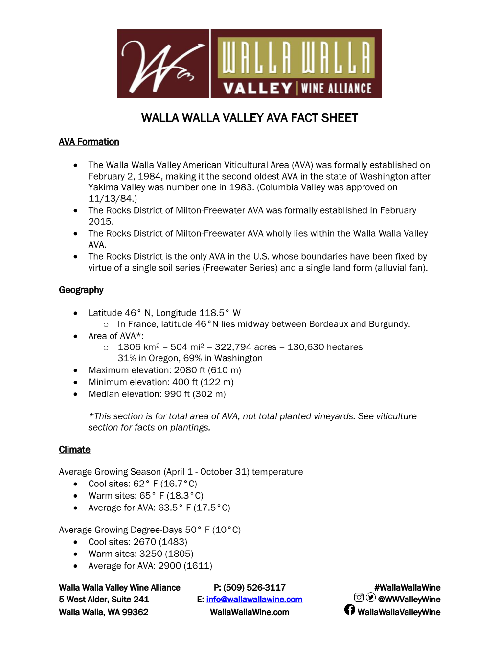Walla Walla Valley Ava Fact Sheet