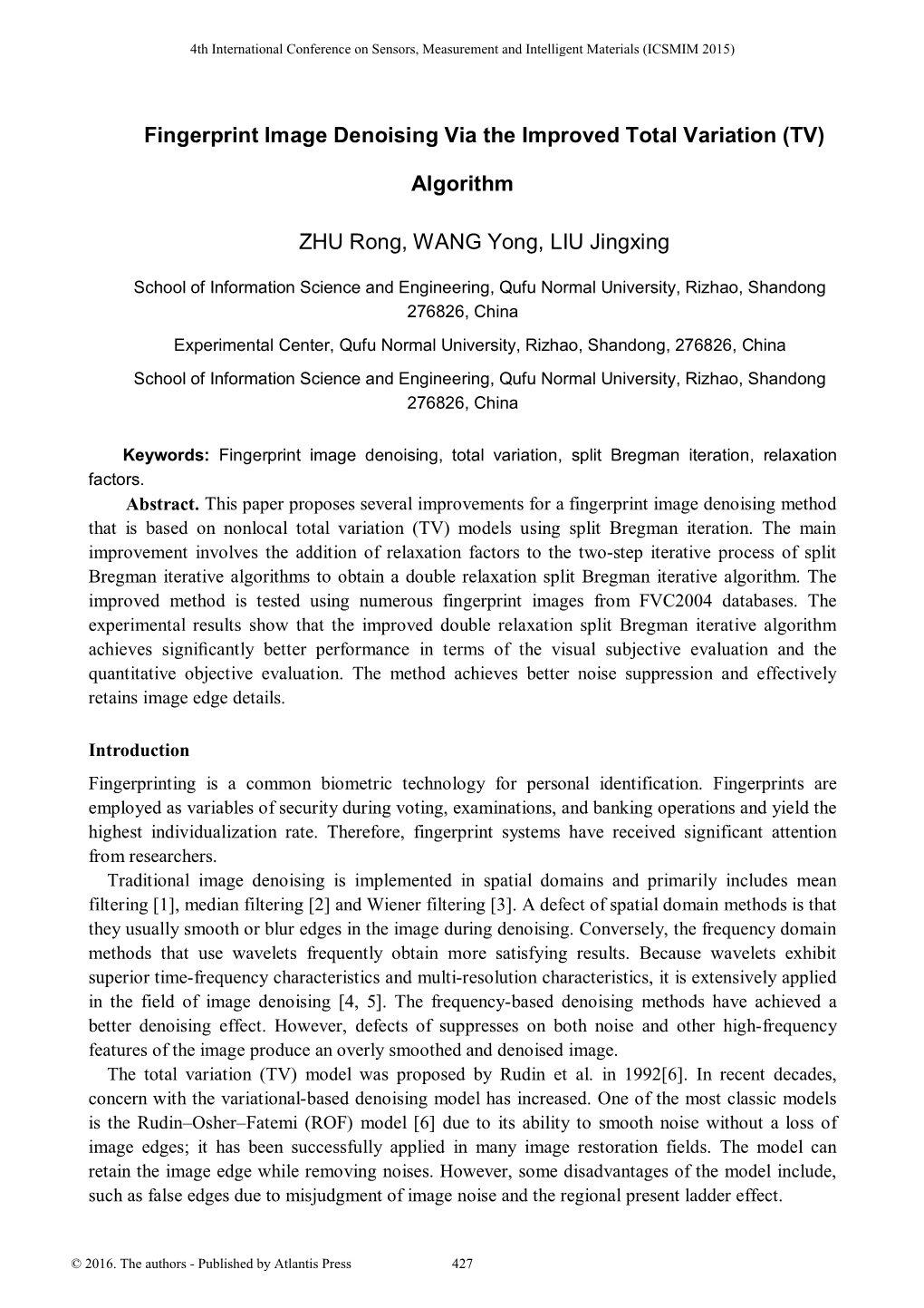 Fingerprint Image Denoising Via the Improved Total Variation (TV)