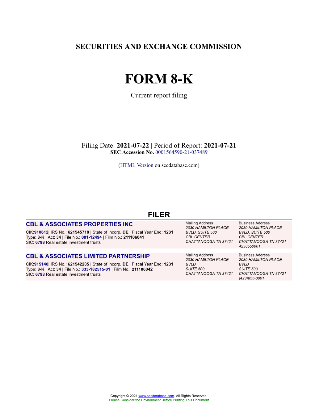 CBL & ASSOCIATES PROPERTIES INC Form 8-K Current Event