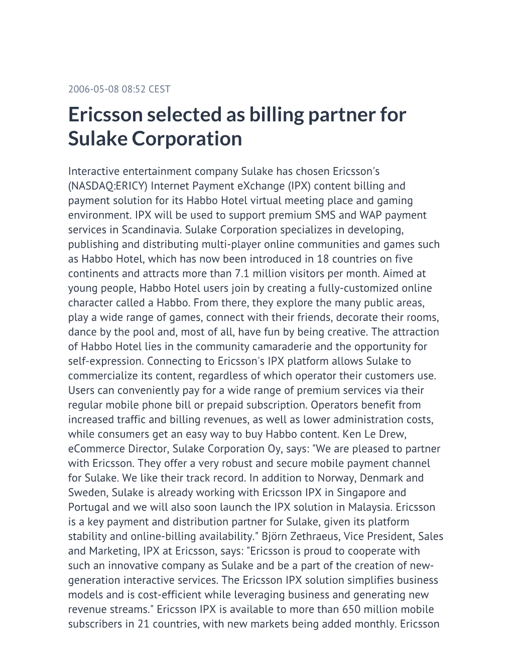 Ericsson Selected As Billing Partner for Sulake Corporation