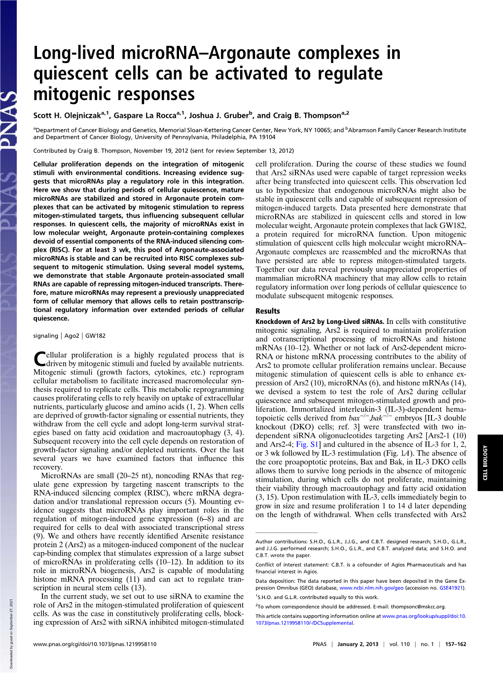 Long-Lived Microrna–Argonaute Complexes in Quiescent Cells Can Be Activated to Regulate Mitogenic Responses