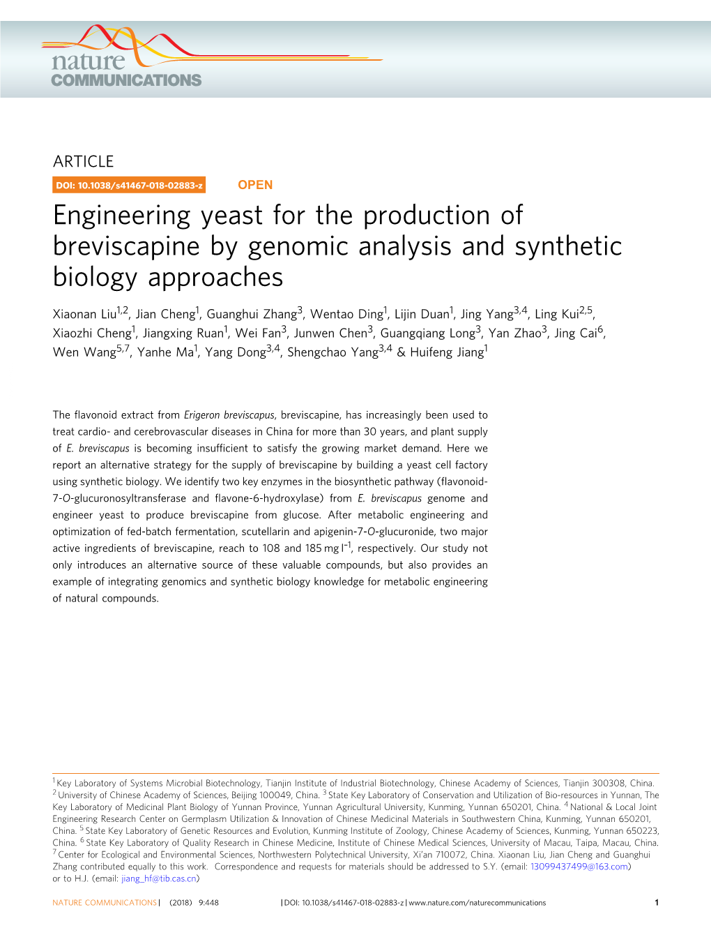 Engineering Yeast for the Production of Breviscapine by Genomic Analysis and Synthetic Biology Approaches