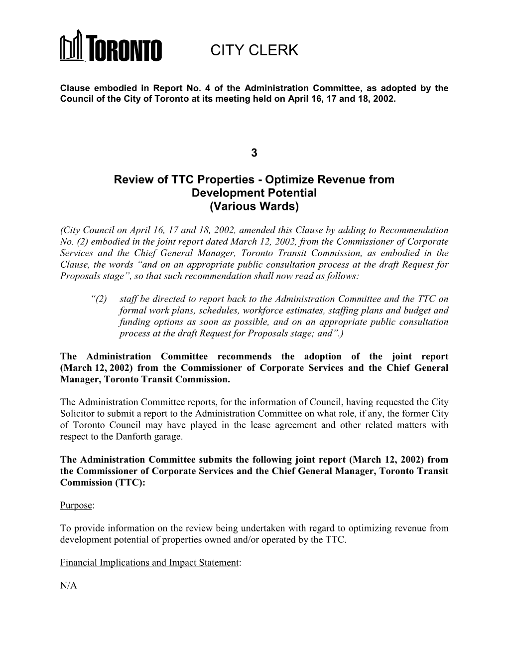 Review of TTC Properties - Optimize Revenue from Development Potential (Various Wards)